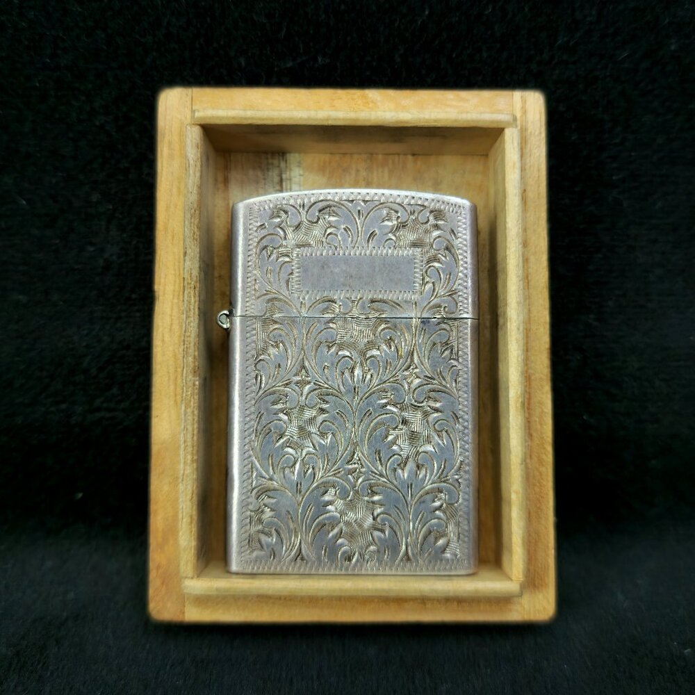 Sterling Silver 950 Flip-Top Engraved Etched Leaf Zippo Type Lighter Compact
